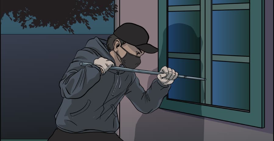 Illustration of burglar forcing entry through a window in Los Angeles